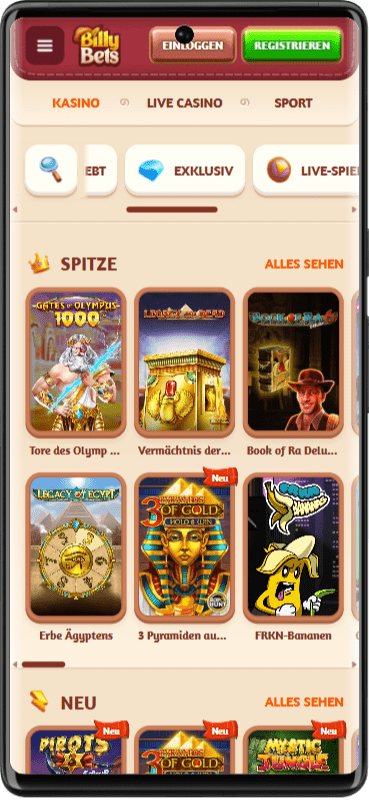 Schnittstelle der mobilen Android-App bei BillyBets Casino